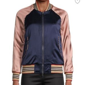 BURBERRY Harlington Satin Bomber Jacket. Navy Pink - Size 6 US